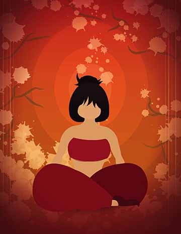 ​​​​​​​This piece, done completely in vector style, and depicts a woman sitting with her arms at her side and her legs crossed. She wears dark red puffy pants and a matching crop top. Her hair is short and black, half up in a messy bun; her face has no facial features. The background graduates out from a light rusty orange out to a deep rusty red. Abstract cherry blossoms are scattered along the background. 