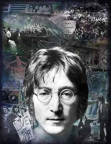​​​​​​​This piece features a black and white front portrait of John Lennon. The portrait is centered in the middle of the composition. It is surrounded by images from the 60’s and 70’s blended together with landscape imagery. The images are in black and white and then tinted with blues and purples to create a cool almost monochromatic color palette. 