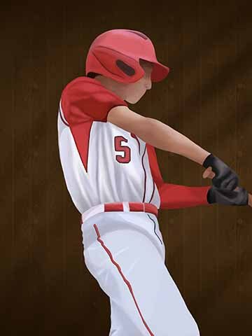 ​​​​​​​This digital painting features a baseball player mid-swing. The figure is dynamically posed with his right leg forward and leaning slightly back. He wears a red and white uniform with a red helmet and black gloves, swinging a wooden bat. The background is a deep brown with lighter wooden texture and streaked lighting. 