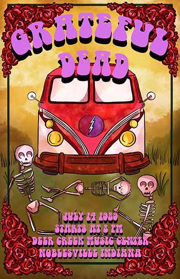 ​​​​​​​This diptych is composed of two promotional posters for the Grateful Dead. The one on the left features a day scene with three skeletons lounging on the grass in front of a VW bus. In the right composition, there is a night scene. In this image, the same three skeletons are sitting on the top of the bus that is now facing to the side. They gaze out as the sun sets between the hills. In both, there is a floral forder of red roses. The same type of the band name and show details appears on both across 