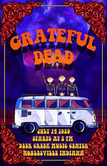 ​​​​​​​This diptych is composed of two promotional posters for the Grateful Dead. The one on the left features a day scene with three skeletons lounging on the grass in front of a VW bus. In the right composition, there is a night scene. In this image, the same three skeletons are sitting on the top of the bus that is now facing to the side. They gaze out as the sun sets between the hills. In both, there is a floral forder of red roses. The same type of the band name and show details appears on both across 