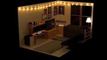 A cuboid room with two walls. There is a large 4 pane window on the shortest wall. There is string light towards the top part of the wall, various posters and a frame is on the walls. A bed, a futon, two dressers with a TV and a tank, a fridge and a table with monitors and computer peripherals is in the room. Two carpets sit on the tiled floor.