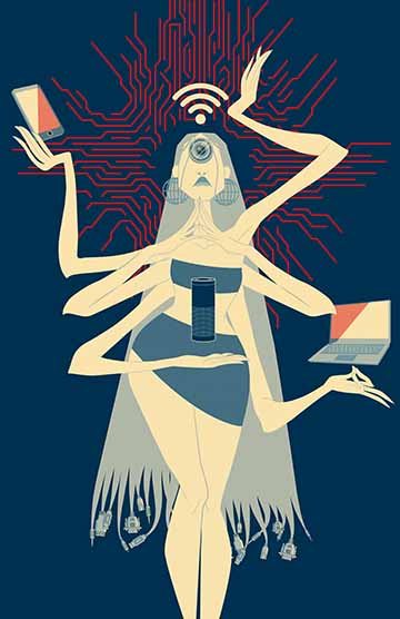 A yellowish figure with 6 arm stans in the middle of the image with elongated arms. She’s holding an alexa, a laptop, a phone and a wifi signal as a crown. She’s wearing a tunic made out of binary numbers and her hair is made out of cords