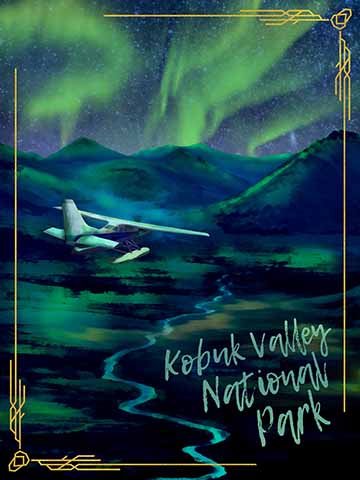 A plane is flying over the vista of kobuk national park during the night. The Aurora borealis can be seen in the sky and has lighted up the landscape. The words Kobuk National Park can be seen on the landscape along with a golden frame around the whole image. 