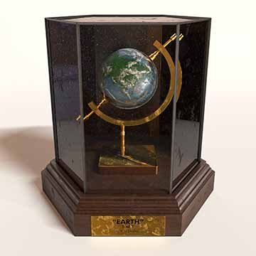 A glass replica of Earth is on a caliper stand which is inside a class enclosure and a dark wood pedestal. There is a Brass sign that says “”Earth”, 1 of 1 , c 4.543 billion.