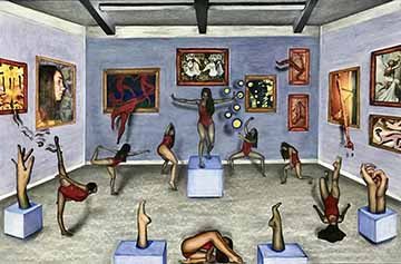 This mixed media piece consists of eight of the same female figure in different dance poses all scattered throughout a gallery space. In this space you can also see images of famous paintings depicting dance throughout history. The walls of the room are a light lavender color with accents of blue in areas, and the floor and ceiling are a warm grey. The dancers each wear a deep red leotard which makes them stand out against the coolness of the background.