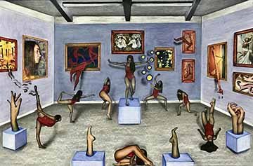 This mixed media piece consists of eight of the same female figure in different dance poses all scattered throughout a gallery space. In this space you can also see images of famous paintings depicting dance throughout history. The walls of the room are a light lavender color with accents of blue in areas, and the floor and ceiling are a warm grey. The dancers each wear a deep red leotard which makes them stand out against the coolness of the background.