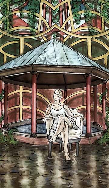 This mixed media drawing is a self portrait set in a surreal environment. There is one central female figure seated in a chair, posed in a contemplative manner. Behind her is a brick red gazebo filled with bright rippling water. In the background abstract yet mirrored shapes begin the weave in towards each other all pointing towards the central figure below them.