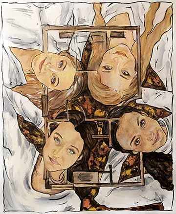 This acrylic painting depicts an overtop view of four female figures with their light blue and bold brown eyes open looking up directly at the viewer. Each figure is wearing white and is perched with one arm behind their head. They lay on a ground full of orange and yellow fall leaves. Connecting the four figures is an architectural plan of a bedroom. It flows into their profiles and blends into their skin.