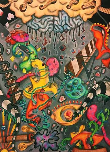 This mixed media piece on paper is a complex and surreal depiction of various abstract shapes, both rectilinear and curvilinear. The color scheme is wide and we see cool greys, neutral browns, and all colors of the rainbow included.