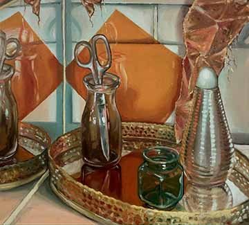 This oil painting on canvas is a fairly representational depiction of a still life composed of various antique bottles and other highly reflective objects including multiple mirrors, metallic fabric, and glossy plastic sheets. The color scheme includes but is not limited to vibrant oranges, deep reddish browns, pastel peach, forest green, and a variety of light blues.