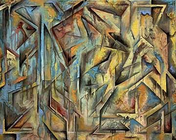 This oil painting on canvas is a fragmented and abstract depiction of a still life painting  made prior to this work titled, Lost Objects. There is a heavy use of line for emphasis and directional force. The piece achieves depth through intense layerings and through paint application. Some areas are semi transparent while others are totally opaque. The color scheme includes vibrant oranges, deep reddish browns, pastel peach, bright yellows, and a variety of blues.