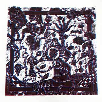 This akua print on paper is set in a surreal environment all based around one sleeping figure, The Lucid Dreamer. There are various forms weaving in and out of the frame. Each is connected in one way or another. This piece was printed from carved linoleum twice on one sheet of paper giving it a three dimensional appearance.  The color scheme of this piece is red, blue, and purple where the two overlap.