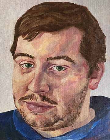 This is a portrait of a man. It uses high saturated colors and unblended brushstrokes to construct the facial features of the mena. He has short brown hair, green eyes that are looking at the viewer, facial hair, and is wearing a blue sweatshirt. His lips have a faint smile to them. 
