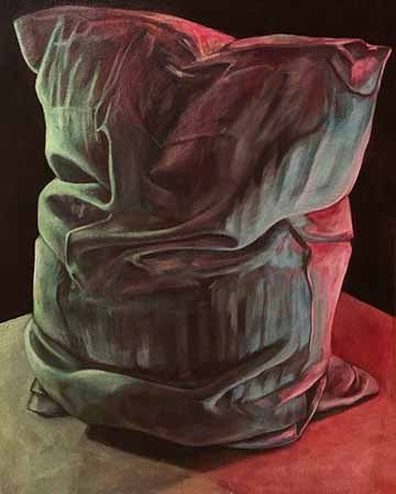 This painting is a still life of a pillow. The pillow is sitting upright with it’s pillow case creating interesting folds throughout. The lighting of this piece makes it appear as if the pillow is glowing. There is a red light coming from the back of the pillow, a blue light coming from the bottom right corner, and a bright green light coming from the bottom left corner. 