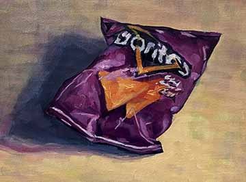 This is a still life oil painting of a bag of Doritos sweet chili ranch chips. It uses highly saturated colors within the purple of the bag, the orange chip that is part of the label of the bad, and throughout the table that is a warm yellow.