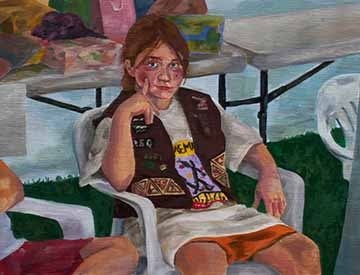 This oil painting shows an outdoor scene of a girl who is sitting in a white plastic chair wearing a relay for life shirt with a girl scout vest covered in badges and pins. She sits relaxed, gazing into the viewer, with her right pointer finger sinking into her cheek, helping her head stay up. Behind her there are two tables, one is stacked with wrapped gifts and gift bags, varying in shades of yellow, purple, pink, and green. To the left of the girl, there is another person sitting, but only her knee, thig