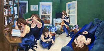 This is a panoramic scene of a green room. We can see the same figure throughout the room. To the left there is a wooden secretary style desk. Above the desk there doors with glass windows. There are objects sitting on the shelfs behind the glass, some makeup brushes, contact solution, deodorant, and books. They are all defined by simple blocks of color and quick brush strokes. Sitting at the desk there is a girl looking in a book with her forehead resting on her fingertips. Her brown hair covers most of he