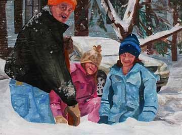 This highly saturated painting shows three figures in the snow. The man on the left is standing with his right side facing the viewer, wearing a black coat, a bright orange winter hat. He is holding a shovel and looking towards the viewer. To the right of him, there are two girls that are crouched down, The girl in the middle is wearing a pink set of snow pants and a winter hat with teddy bears on it. The girl to the far right is looking down in front of her, wearing a blue set of snow pants with a matching