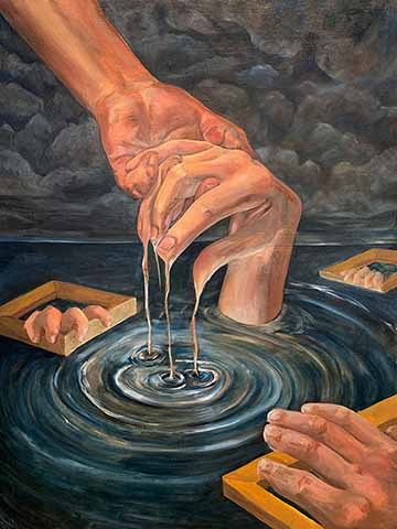 This painting features a set of hands, one coming out from a body of water and the other hand grabbing and pulling the hand up. The horizon line is just above halfway of the painting. Clouds emerge from the dark background.