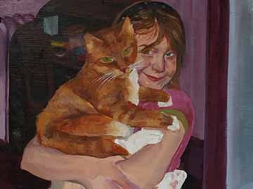 This is an oil painting of a girl holding her cat. The cat is orange with green eyes and sits in front of the girl’s chest, being held by the girl's interlocked arms. The girl is wearing a pink shirt and her hair is being held back by a black headband, but her bangs hide some of her forehead and part of her left eye. Behind them is the corner of a pink room with red trim. To the left there is the inside of the threshold. There is a dark wooded desk and chair behind them in the corner. 