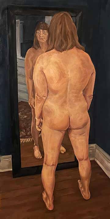 This piece is an oil painting depicting a nude figure looking into the mirror with the reflection’s face meeting eye contact with the viewer. The figure looking into the mirror blocks the front side of the reflection, making only the shoulders, hips, and feet visible for that figure. The mirror is placed on a wood floor, leaning against a dark blue wall with white trim. Behind the figure, we can see subtle details of a bedroom environment; a rud, a dresser with a tv, and a window. The skintone has a variety