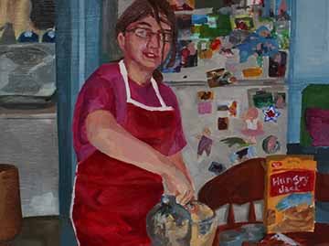 This is a painting of a girl actively making pancakes. She is wearing a pink shirt with a red apron. Her hair is in a low ponytail, but some of it falls forward and covers some of her face. She is whisking a batter that is in a glass bowl on a table. On the table we can see a box of pancake mix and some measuring cups. Behind the figure is a fridge with many magnets and pictures placed upon it, all painted with simple broken down brushstrokes and blocks of color. The color of the room is light blue with a d