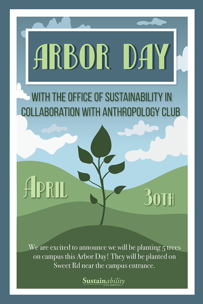 A poster that reads “Seed Share Launch Party” at the top with more informational text throughout. The background is a blue sky and in the foreground is green grass with white and blue flowers as the focal point. 