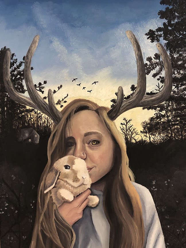 A portrait of myself with deer antlers holding my rabbit who is white and brown with lop ears. The background is a blue and yellow sky with geese flying, black trees, and a cabin. 