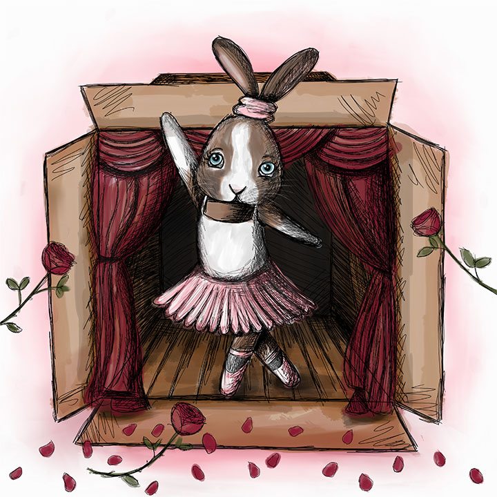  A series of illustrations that together make up a children’s book titled “When You Give a Bunny a Box”. There are 9 illustrations of a bunny and her box that she transforms into various things. These include a plane, a ballet stage, a guitar amp, a boat, and a bathtub. 