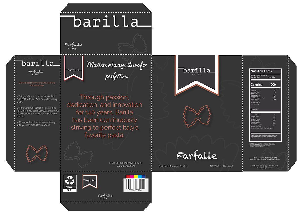 A box dieline rebranded for the pasta company, Barilla. The box is black with white and red text and illustrative pasta shapes. 