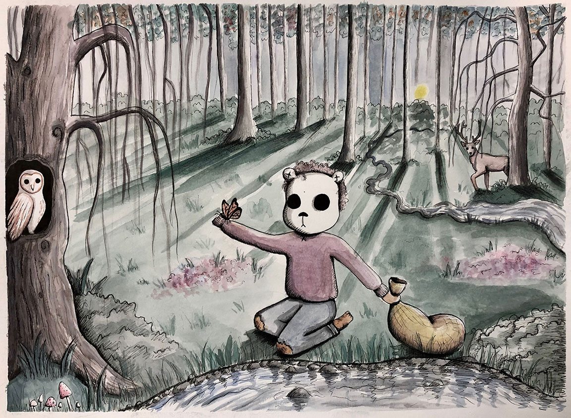 A watercolor painting of a boy wearing a white bear mask holding a monarch butterfly and a burlap sack in the other hand. He is surrounded by trees and a river. There is an owl in the tree and a deer in the background. 