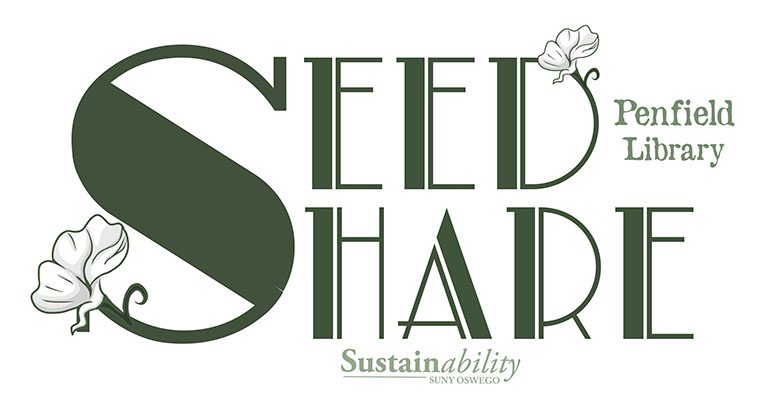 A logo with green, vintage text that reads “Seed Share” with a white flower on both the “S” and the “D”. 